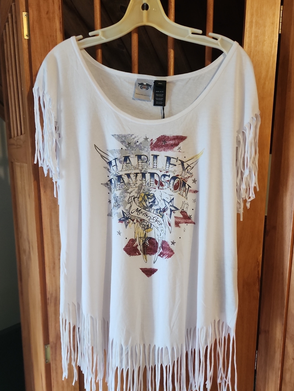 Harley-Davidson White Fringe Graphic Tee with Red & Blue Accents